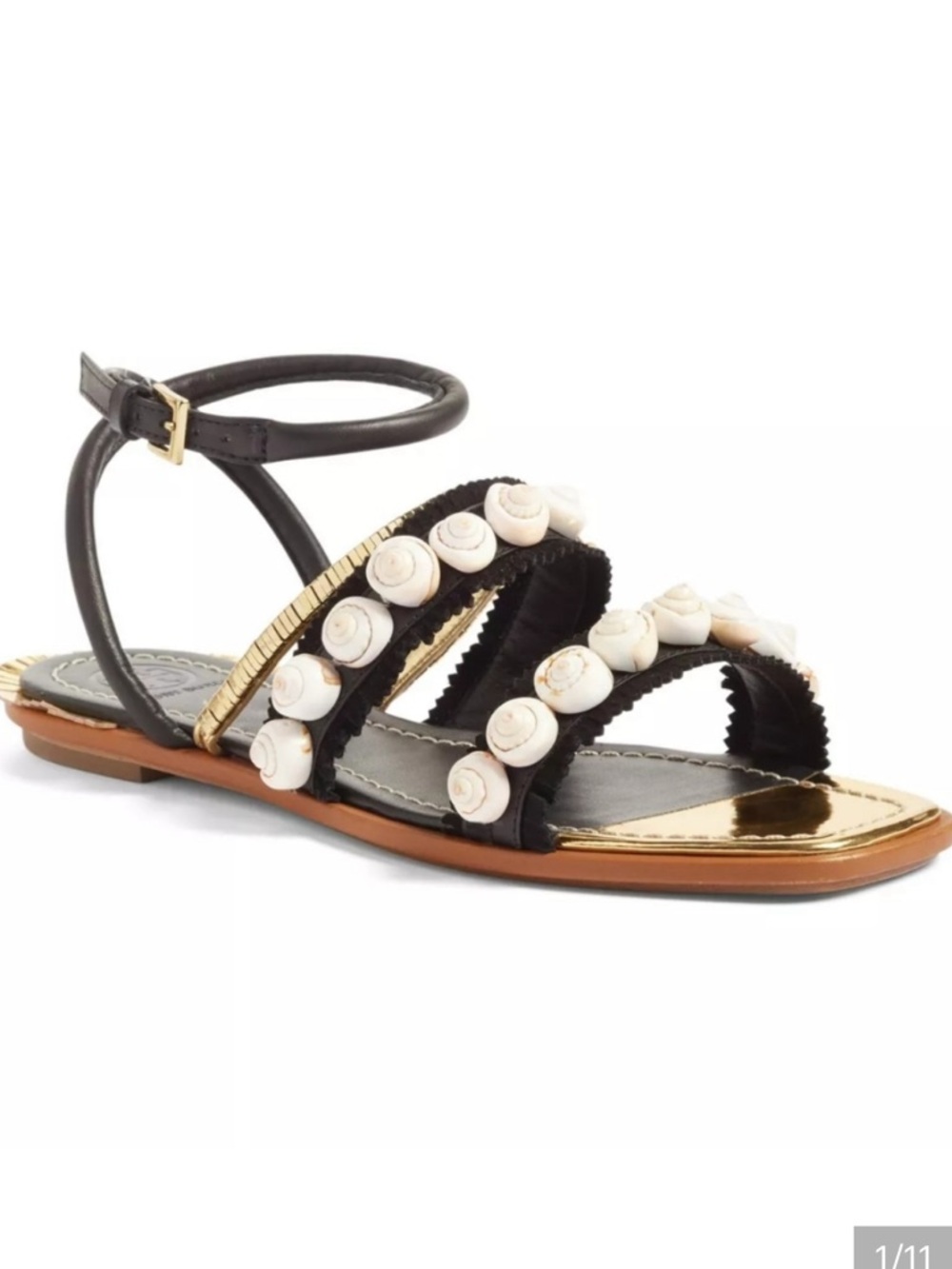 New Tory Burch Black and Gold Sinclair seashell Women's Sandals 9 with box